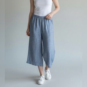 Sigrid Olsen 100% Linen Crop Pants Blue Chambray Elastic Waist Wide Leg XL Women